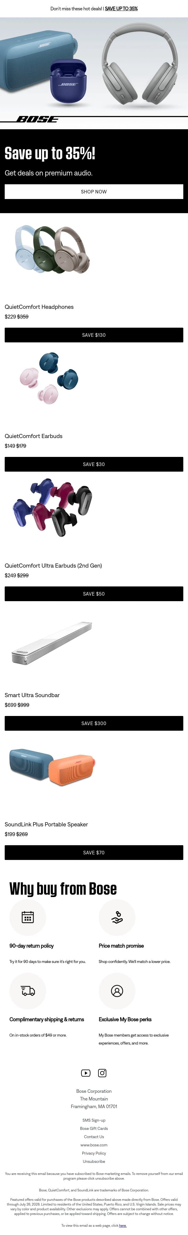 Save $130 on QuietComfort Headphones! email from Bose screenshot