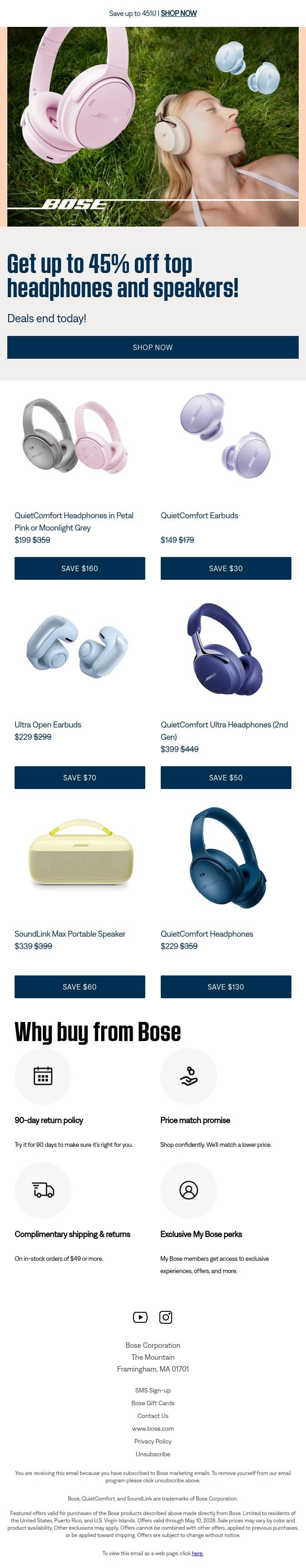 Ends today: up to 45% off headphones & speakers! email from Bose screenshot