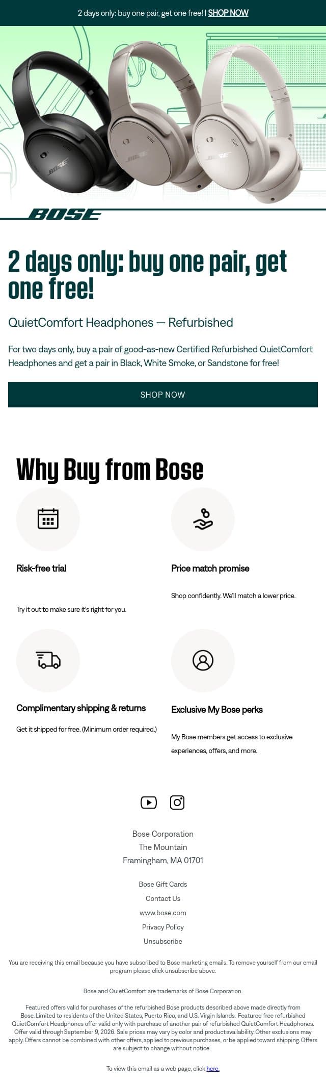 2 days only: BOGO QuietComfort Headphones! email from Bose screenshot