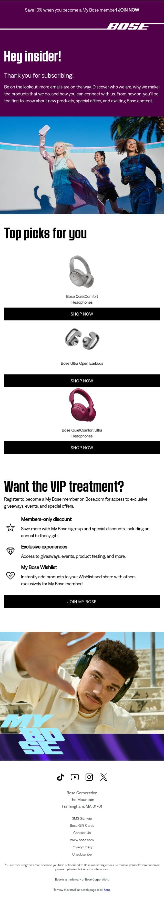 You're in! You're now a Bose Insider. email from Bose screenshot
