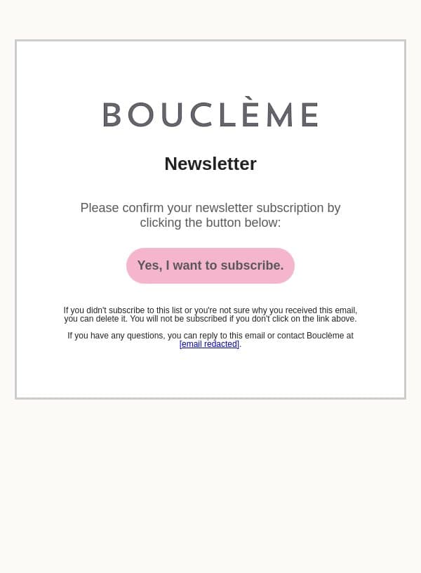 Confirm your newsletter subscription email from Bouclème screenshot