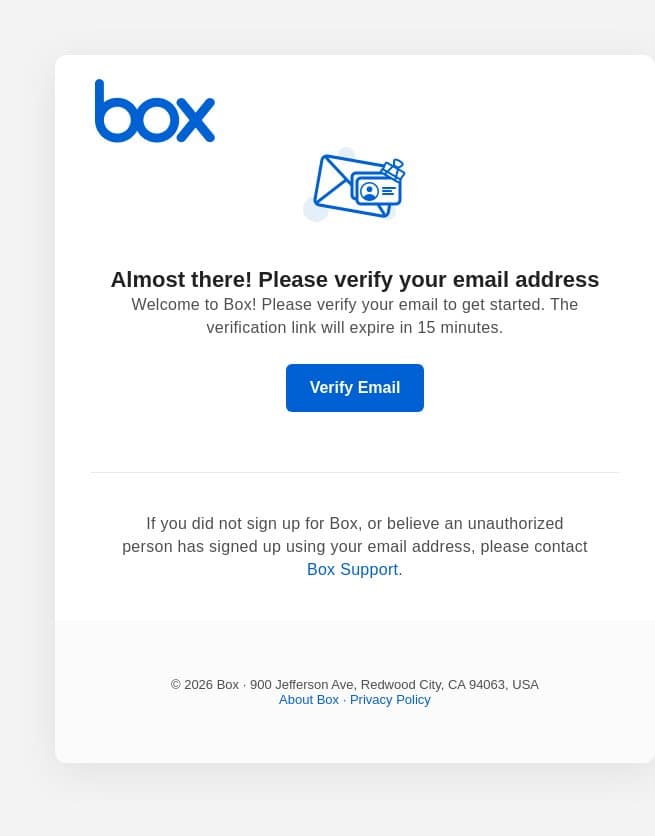 Please complete your Box signup email from Box screenshot