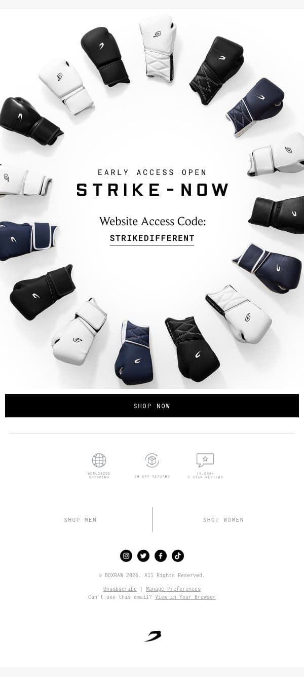 NOW LIVE: STRIKE BOXING GLOVES email from BOXRAW screenshot