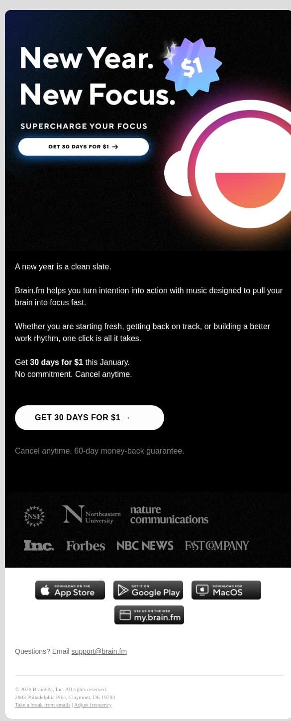Start the year focused. 30 days for $1. email from Brain.fm screenshot