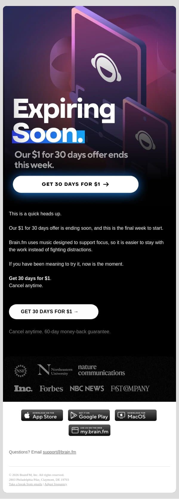 Our $1 for 30 days offer ends this week. email from Brain.fm screenshot