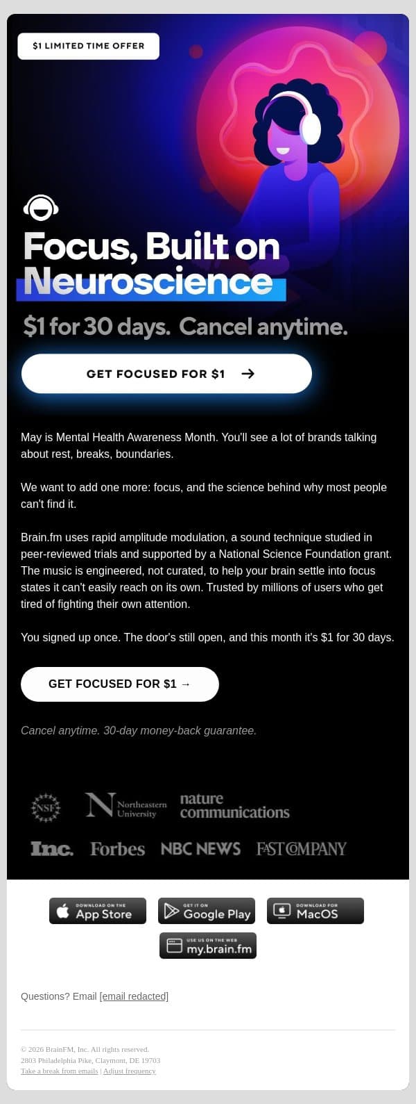 May the focus be with you. email from Brain.fm screenshot