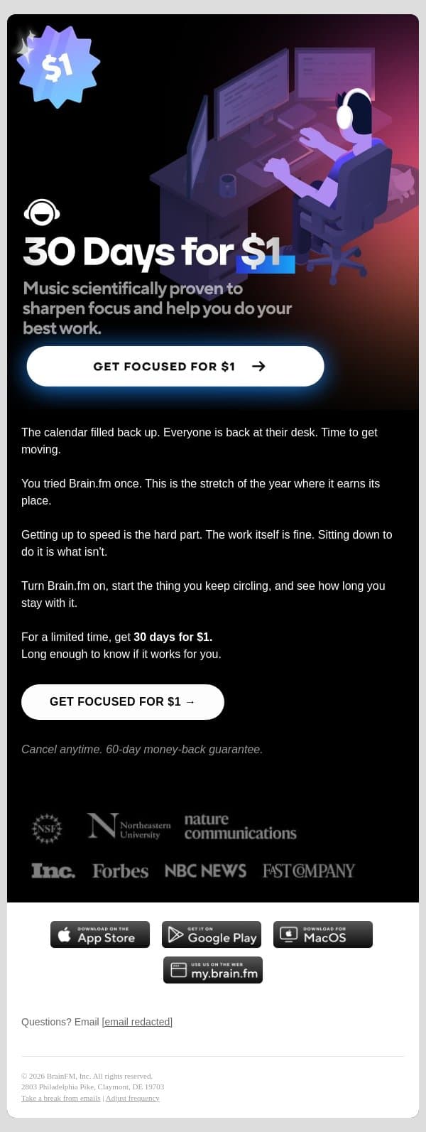 Back to it. $1. email from Brain.fm screenshot