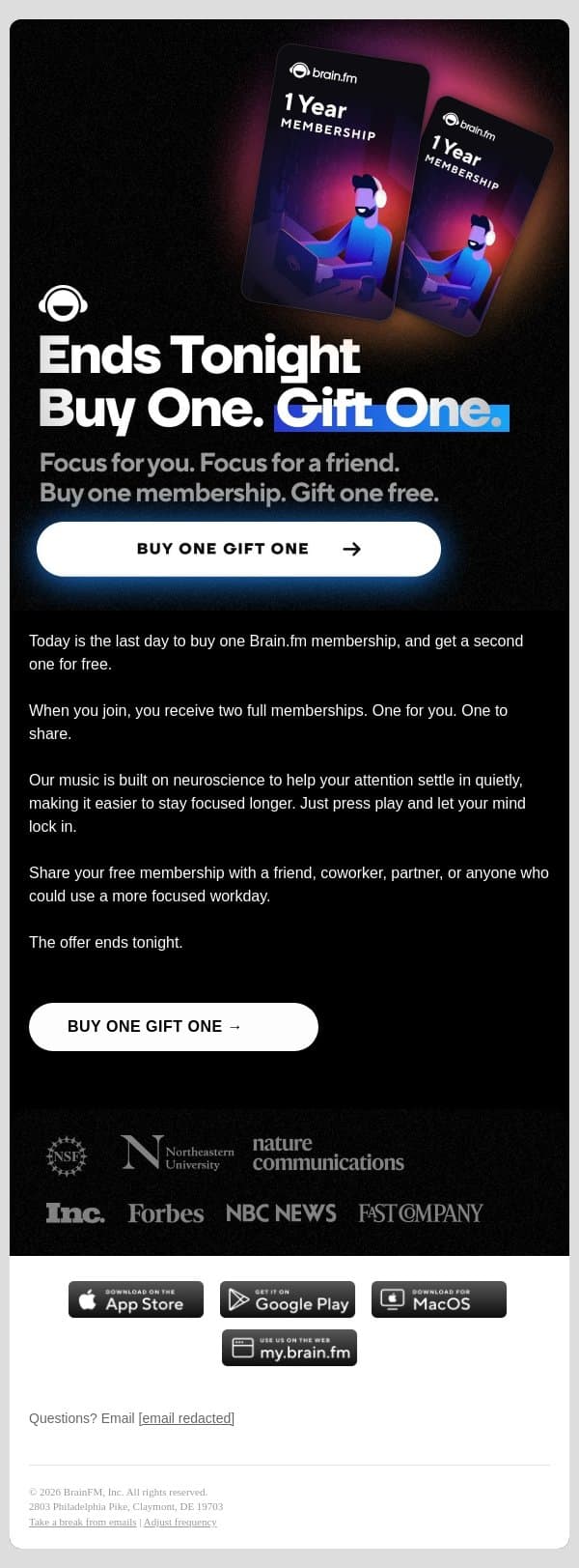 Last Chance: Buy One. Gift One. email from Brain.fm screenshot