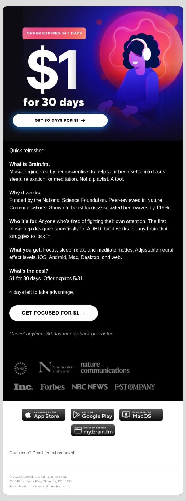 In case you missed it. email from Brain.fm screenshot