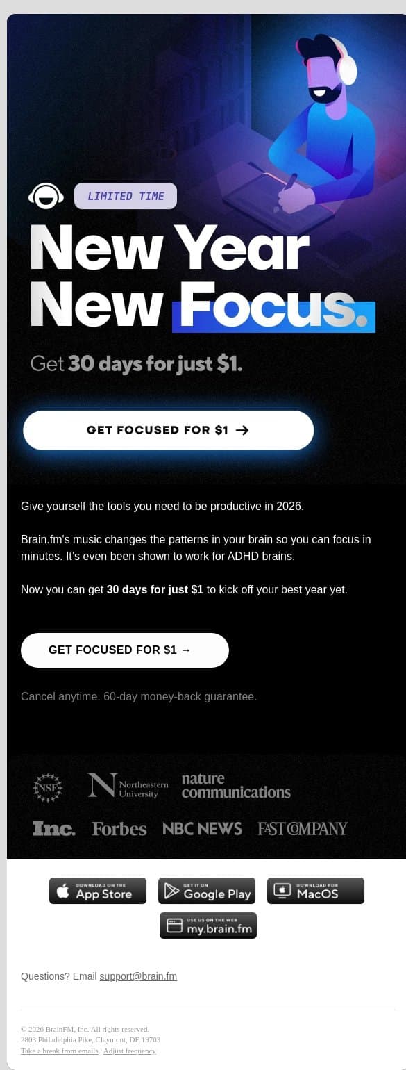 Join Brain.fm for just $1 email from Brain.fm screenshot