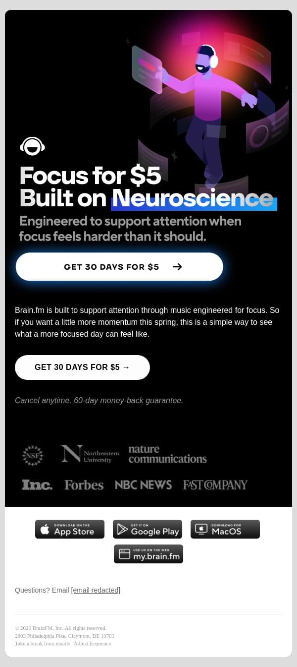 $5 for Science-Backed Focus email from Brain.fm screenshot