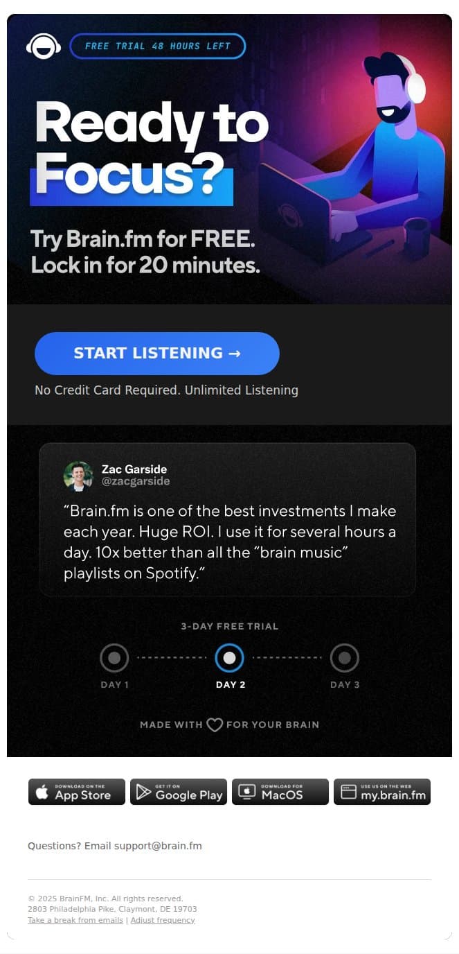 48 hours left of free access. email from Brain.fm screenshot
