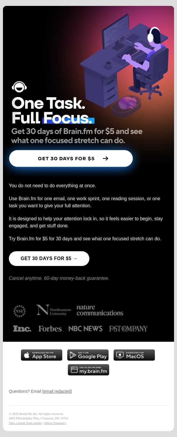 One task. Full focus. email from Brain.fm screenshot