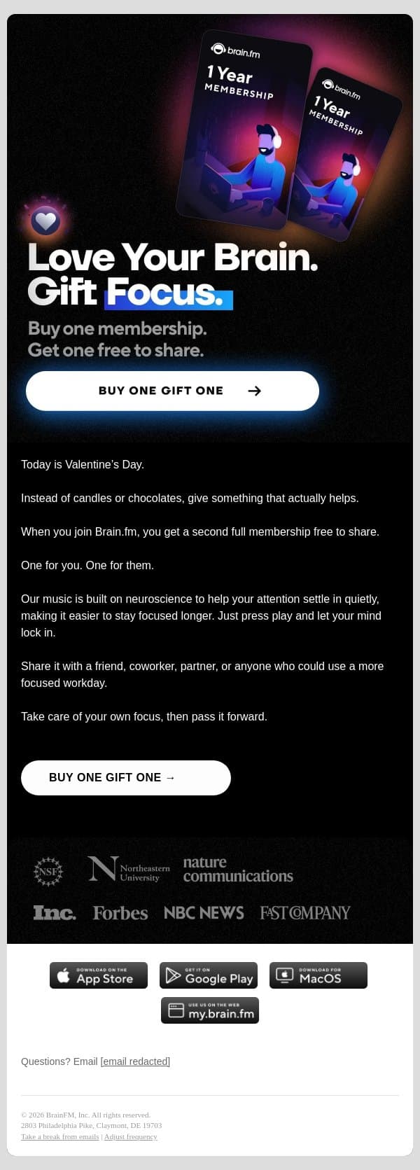 Love your brain. Gift focus. email from Brain.fm screenshot