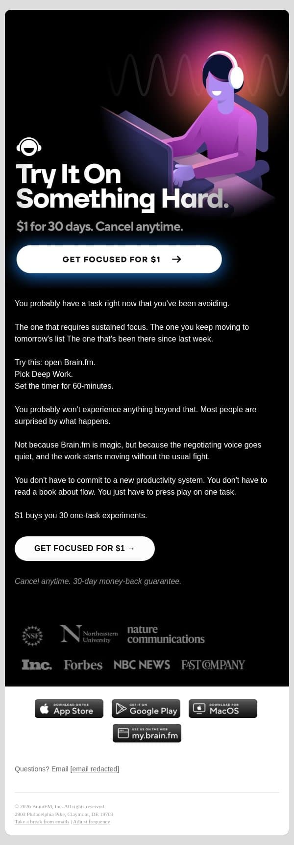 The task you've been avoiding email from Brain.fm screenshot