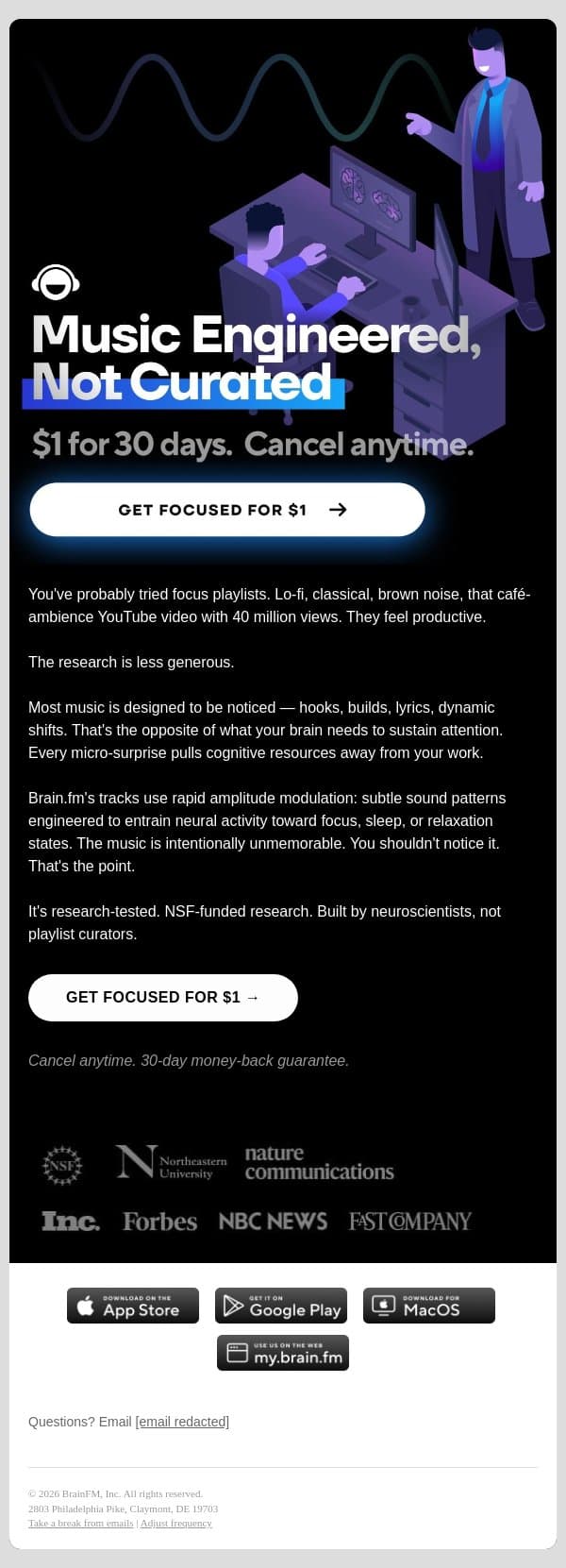 Why your focus playlist is fighting you email from Brain.fm screenshot