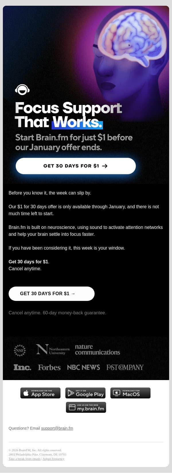 Focus support that works. email from Brain.fm screenshot