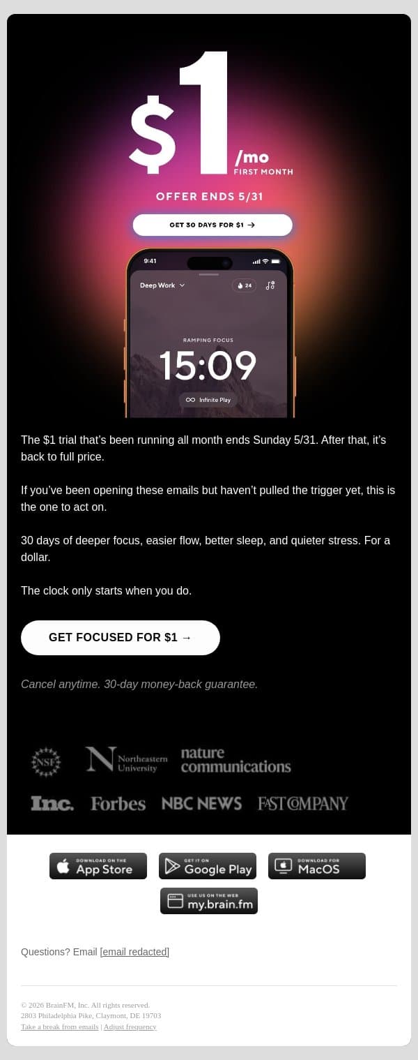 5 days left. email from Brain.fm screenshot