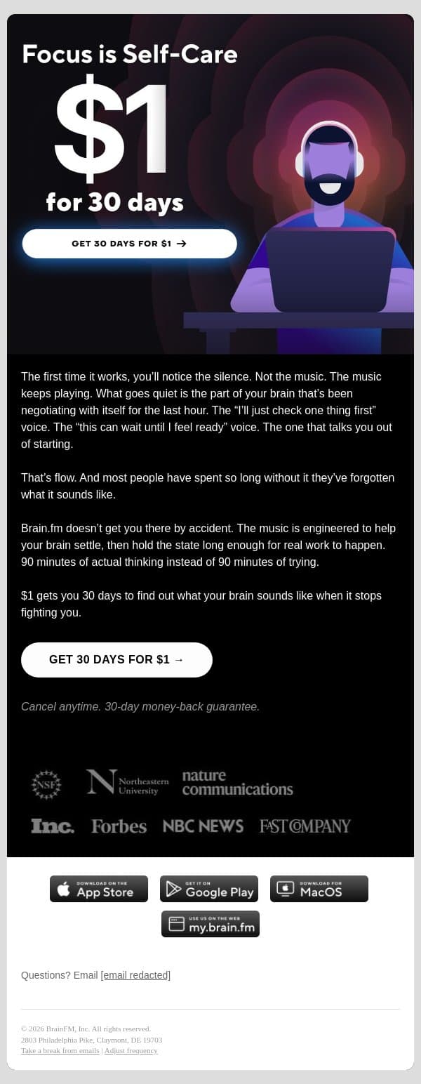 The first time it works email from Brain.fm screenshot