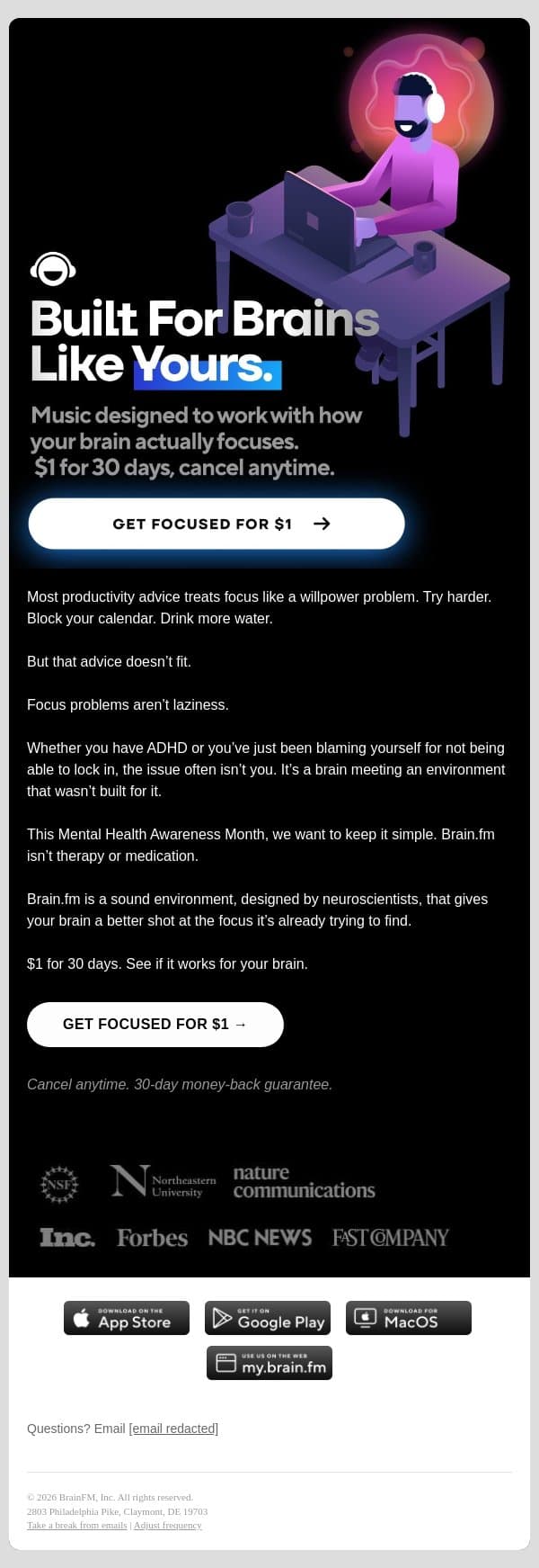 Built For Brains Like Yours email from Brain.fm screenshot