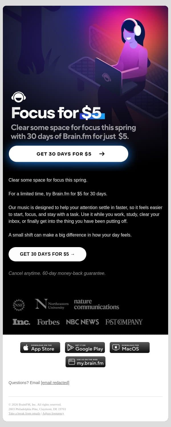 Focus for $5 email from Brain.fm screenshot