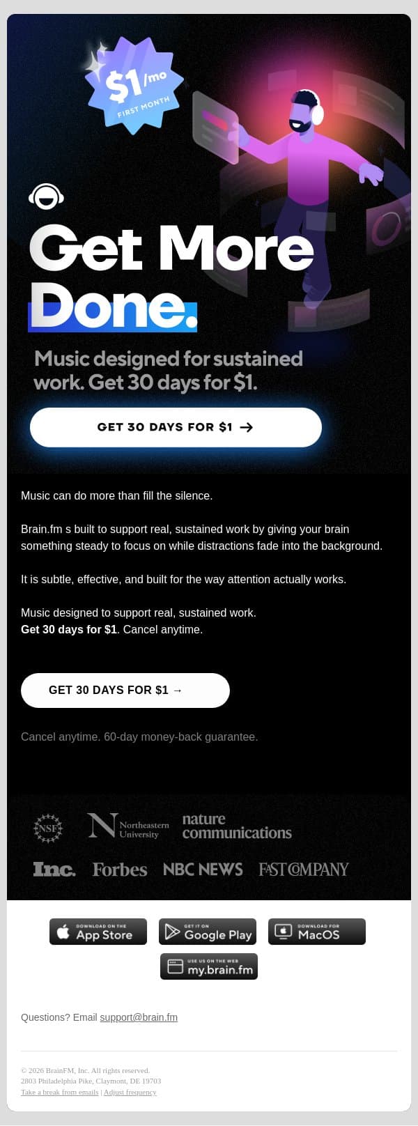 Get more done. email from Brain.fm screenshot