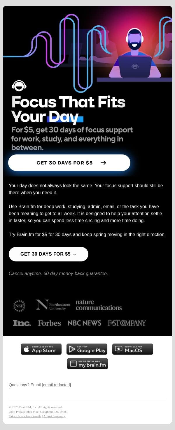 Focus for whatever’s on your list email from Brain.fm screenshot