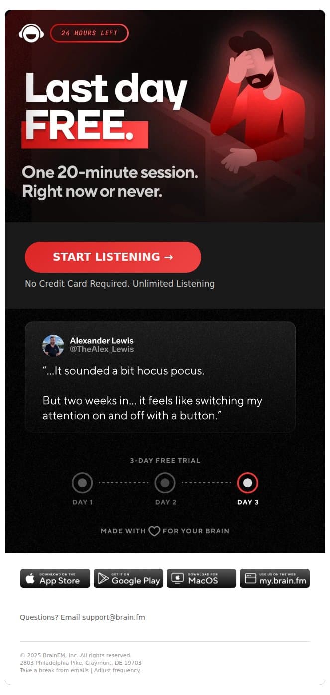 🟥 Only 24 hours left to try email from Brain.fm screenshot