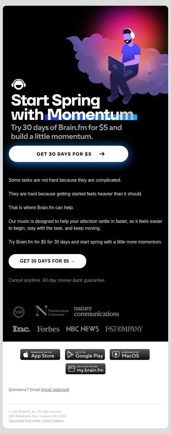 Start spring with momentum email from Brain.fm screenshot