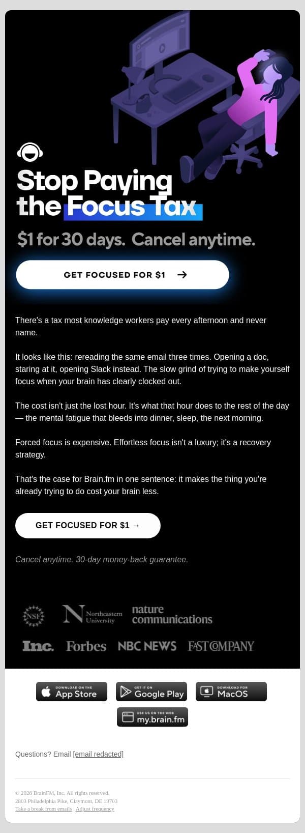 The hidden cost of forced focus email from Brain.fm screenshot