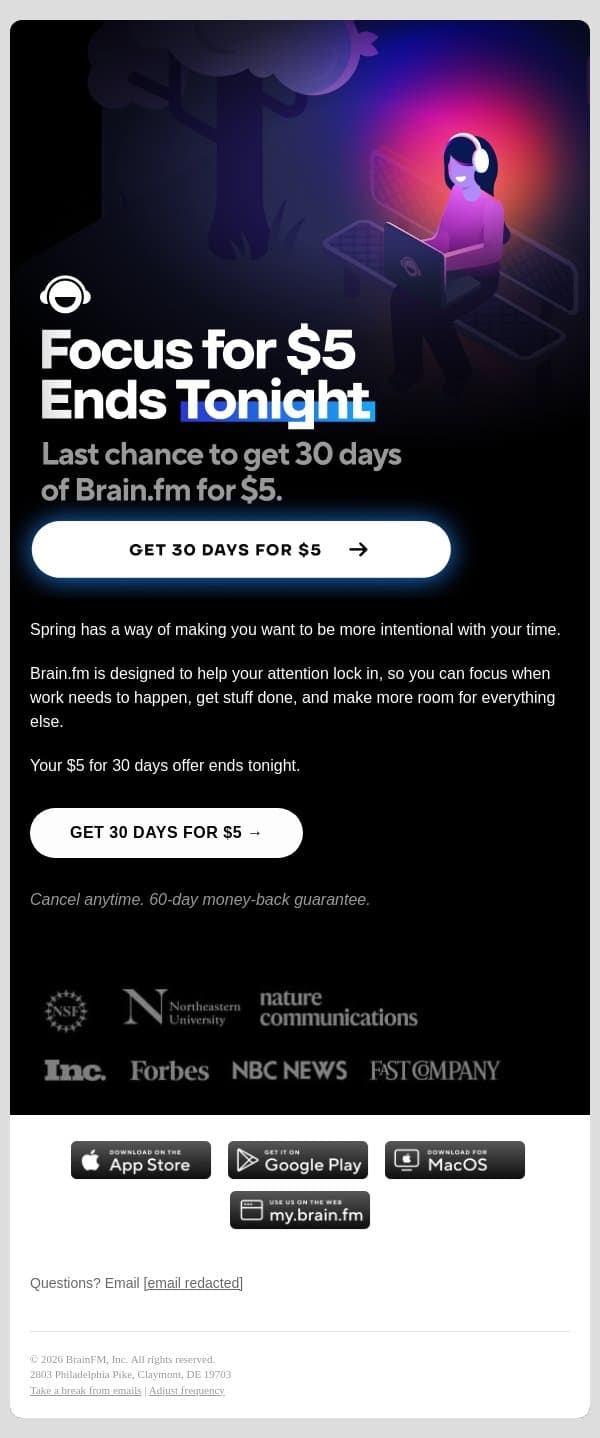 Focus for $5 ends tonight email from Brain.fm screenshot