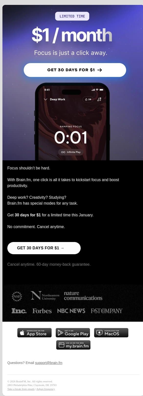 $1 for 30 days. Focus with one click. email from Brain.fm screenshot