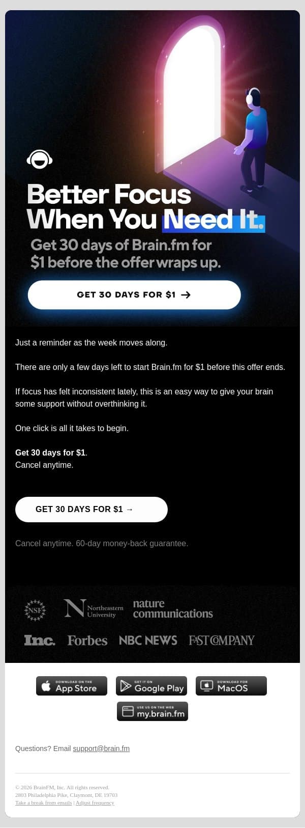 Better focus, when you need it. email from Brain.fm screenshot