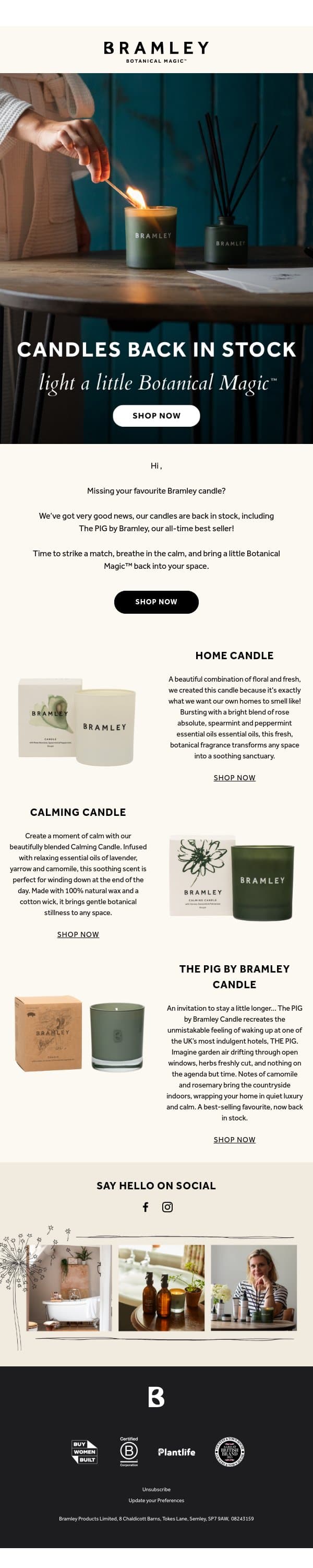 Our bestselling candles have returned (finally!) email from Bramley screenshot