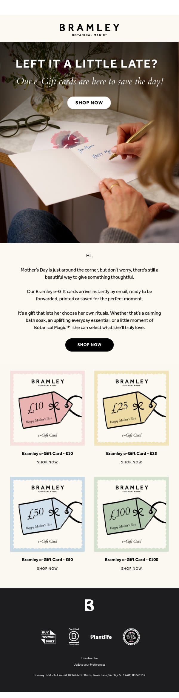 Left it a little late? email from Bramley screenshot