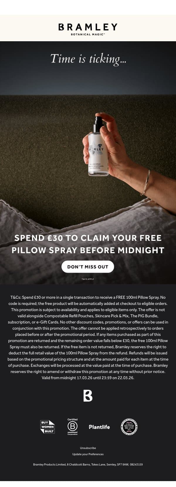 Don't miss your FREE Pillow Spray email from Bramley screenshot