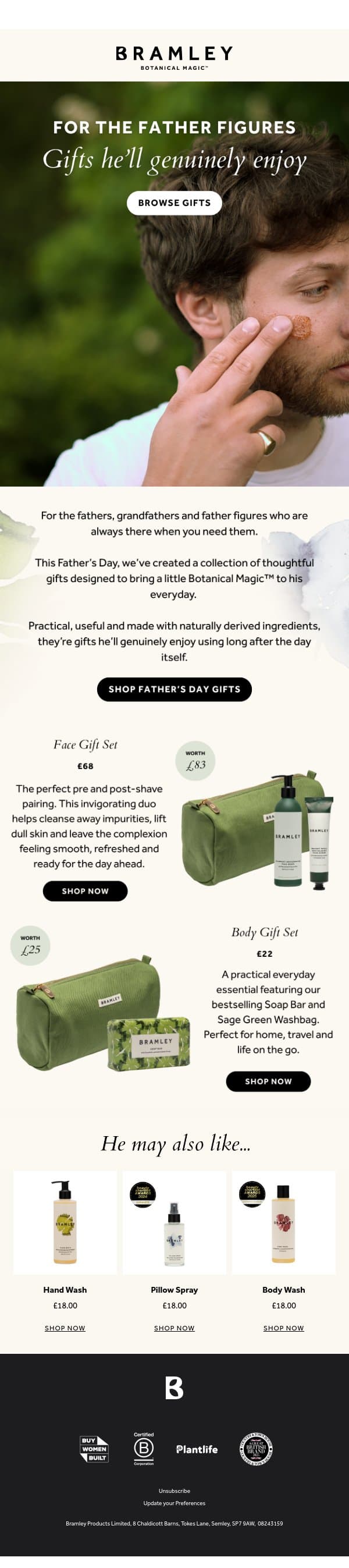 Thoughtful gifts for Father’s Day 🌿 email from Bramley screenshot