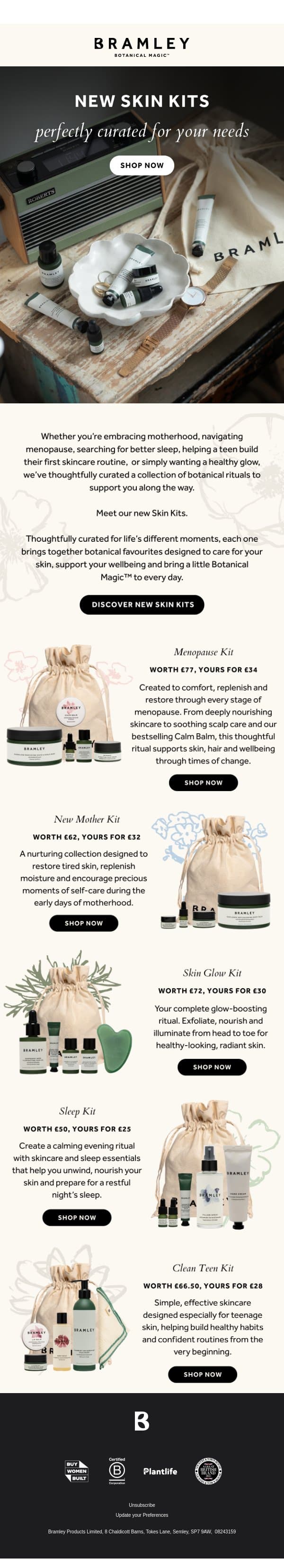 Introducing our NEW Skin Kits 🌿 email from Bramley screenshot