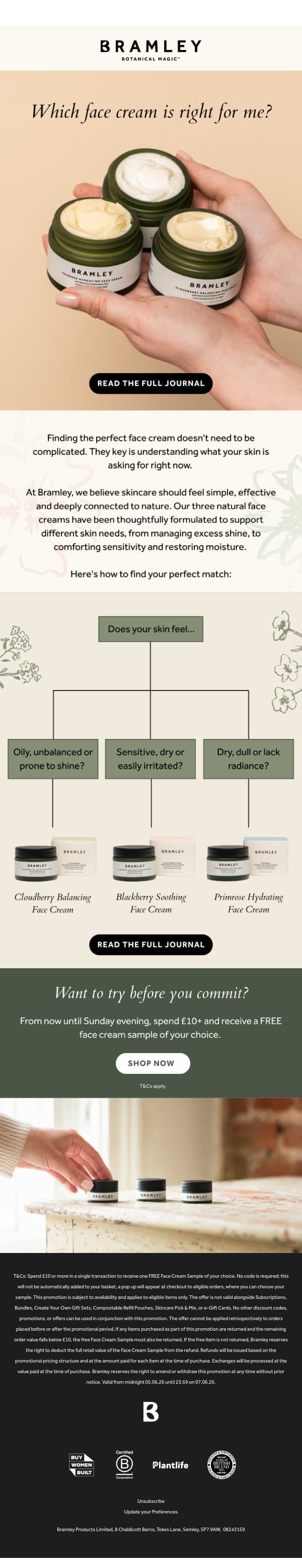 Which Face Cream Is Right For Me? 🌸 email from Bramley screenshot