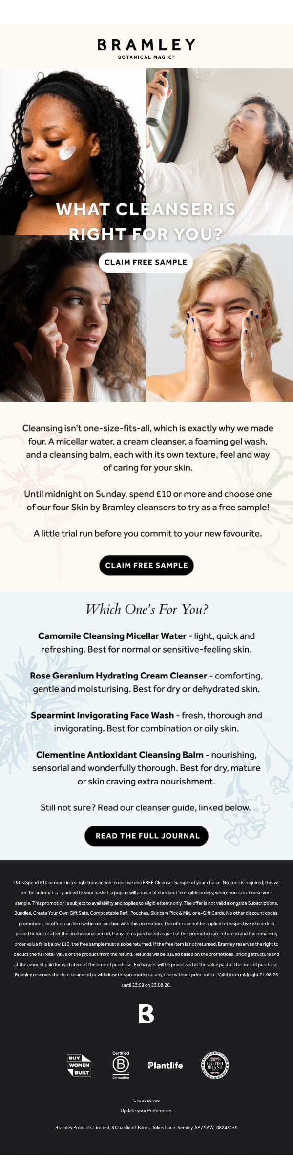 Spend £10, Try a Cleanser On Us 💚 email from Bramley screenshot