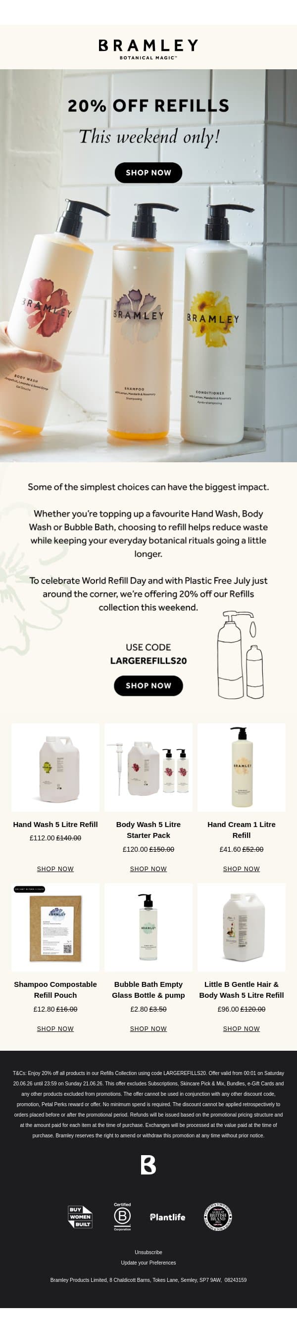 20% off refills 💛 email from Bramley screenshot