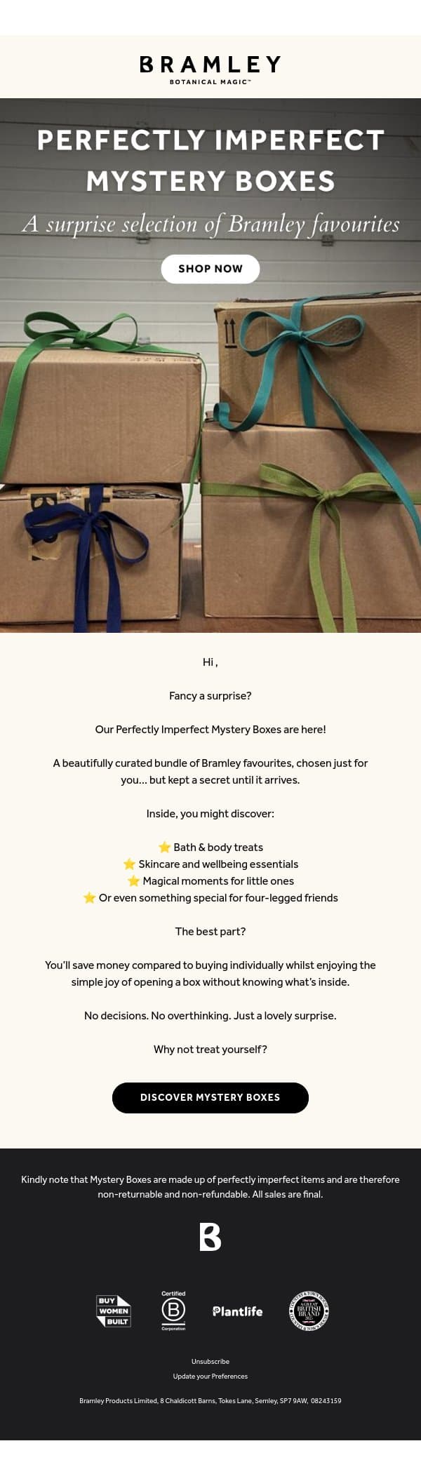 Our new Perfectly Imperfect Mystery Boxes are here! email from Bramley screenshot