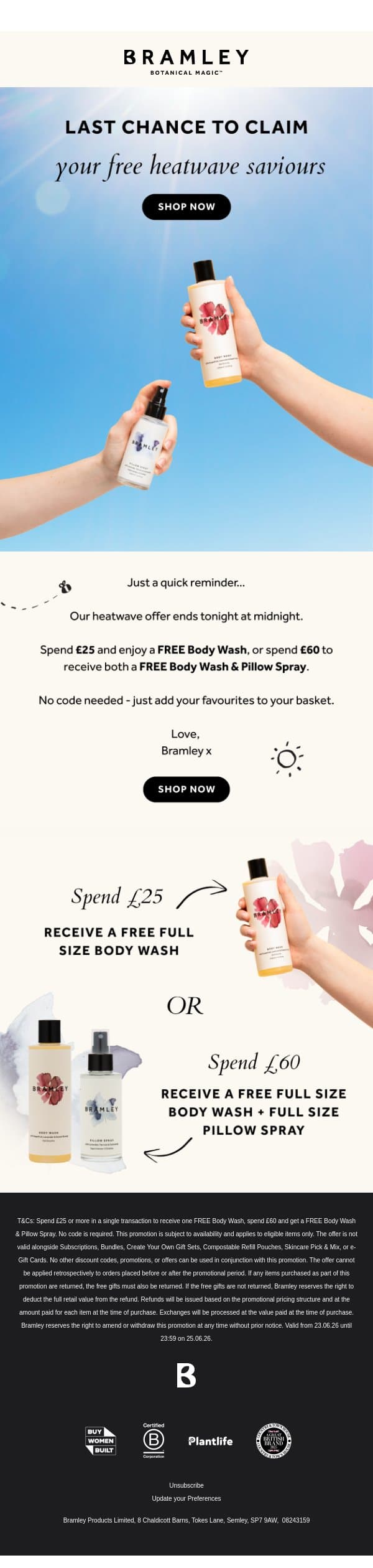 Last chance: Your FREE gifts end tonight ☀️ email from Bramley screenshot