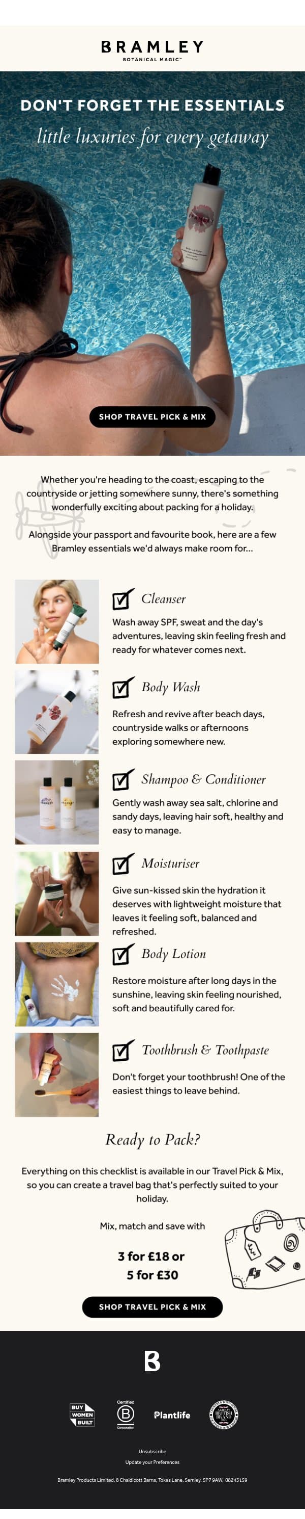 Your Summer Holiday Checklist ☀️ email from Bramley screenshot