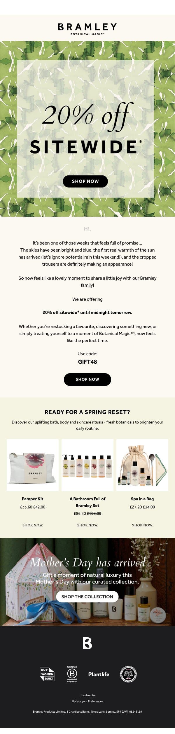 20% off sitewide* email from Bramley screenshot