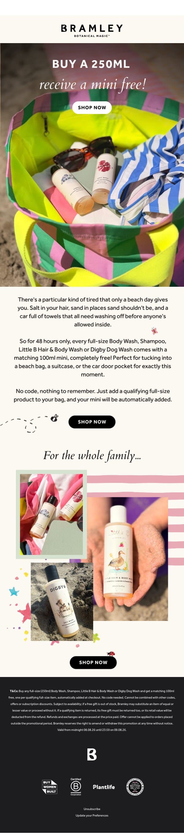 Buy a Full Size, Get a Free Mini 💚 email from Bramley screenshot