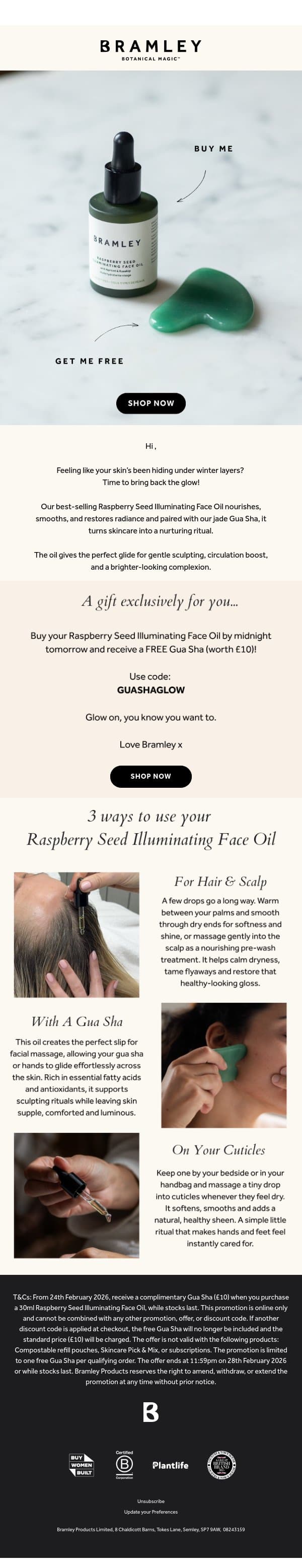 Sculpt, smooth and restore your glow ✨ email from Bramley screenshot