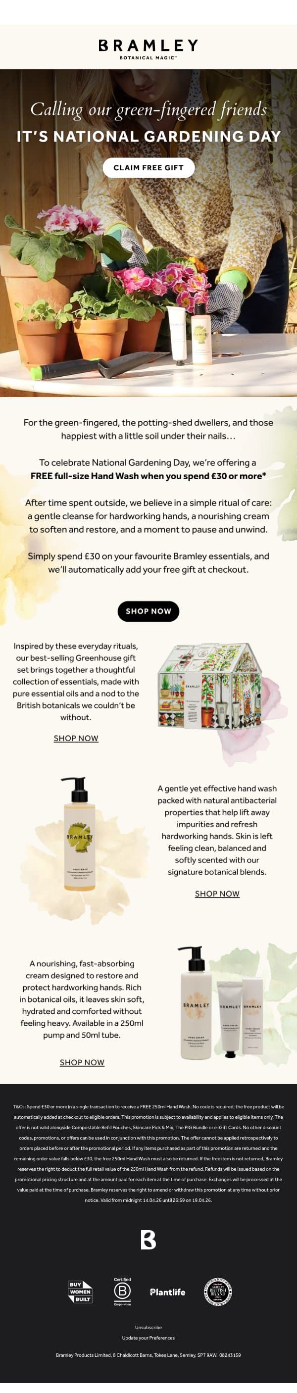 Free Hand Wash when you spend £30* email from Bramley screenshot