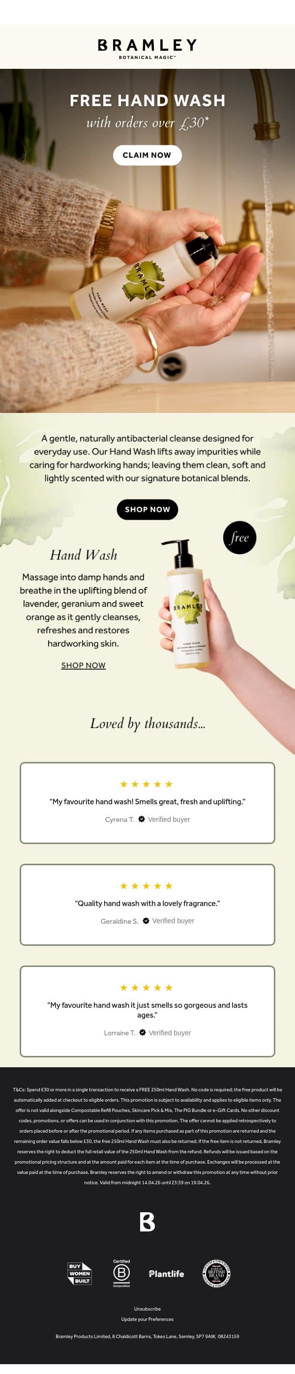 Our best selling Hand Wash 🌿 email from Bramley screenshot