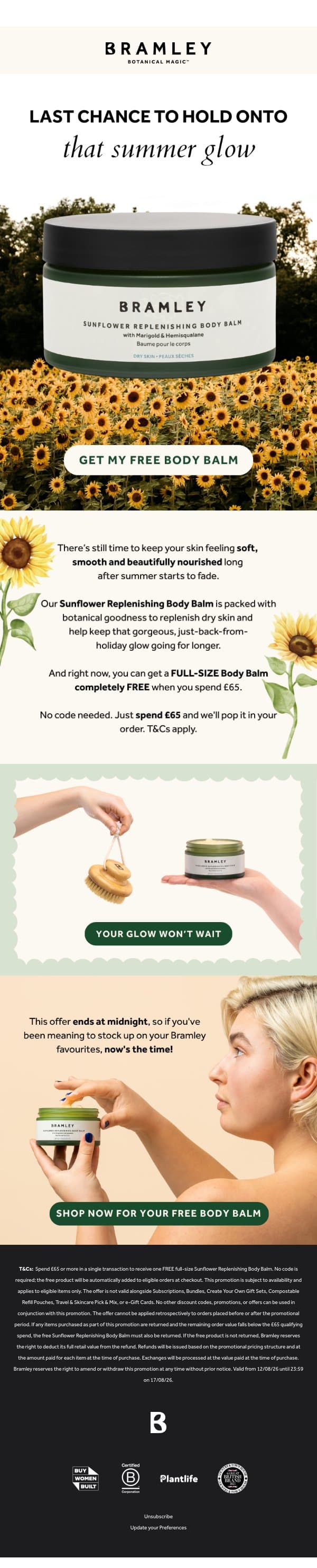 Last chance⏰: Your Free Body Balm🌻 email from Bramley screenshot
